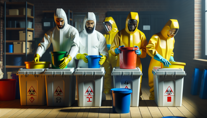A team in hazmat suits sorting hazardous waste into labeled containers during house clearance.