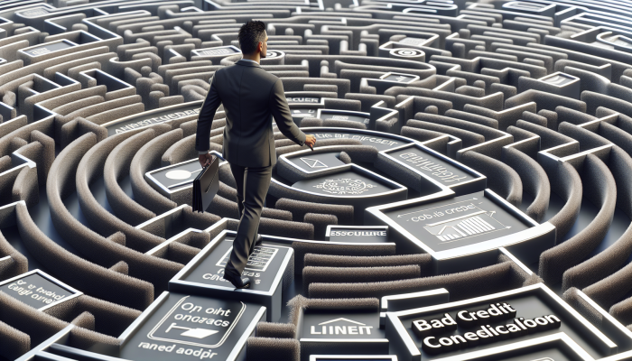 A person confidently navigating a maze, symbolizing the application process for bad credit consolidation loans.