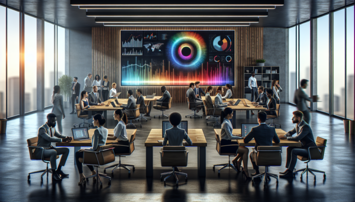 A modern office with a digital screen showing Google Business Analytics dashboards, team strategizing data optimisation.