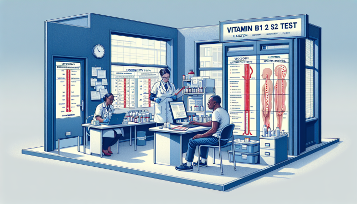 Illustration of Vitamin B12 test stages in Ilkeston clinic, showing deficiency effects from anaemia to neurological damage.