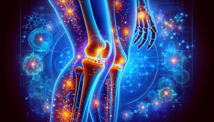 Illustration of a joint with glowing collagen peptides enhancing health and mobility, accompanied by scientific diagrams.