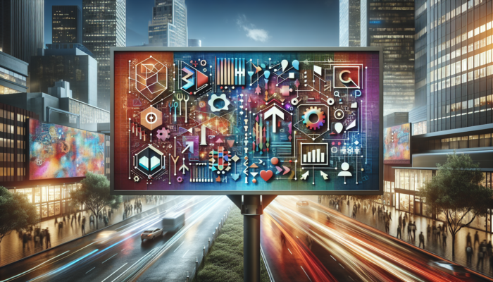 A digital display showcasing Google Business Categories alongside strategic selection and audience targeting analytics in an urban setting.