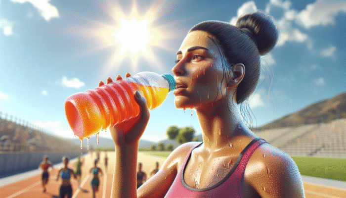 Individual enjoying a vibrant electrolyte drink, sweating under the sun, highlighting the importance of hydration and physical activity.