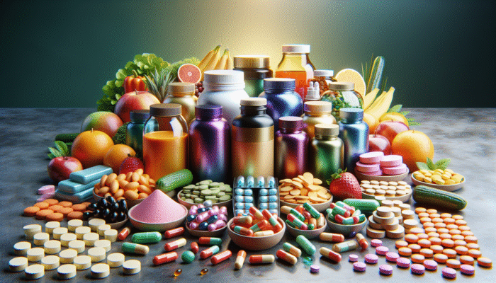 A vibrant assortment of dietary supplements on a table, surrounded by fruits and vegetables.