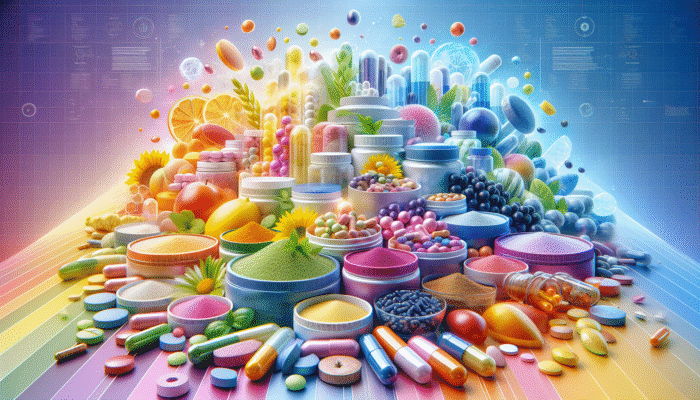 A vibrant collection of dietary supplements in various forms, including capsules, tablets, and powders, against a colourful backdrop.