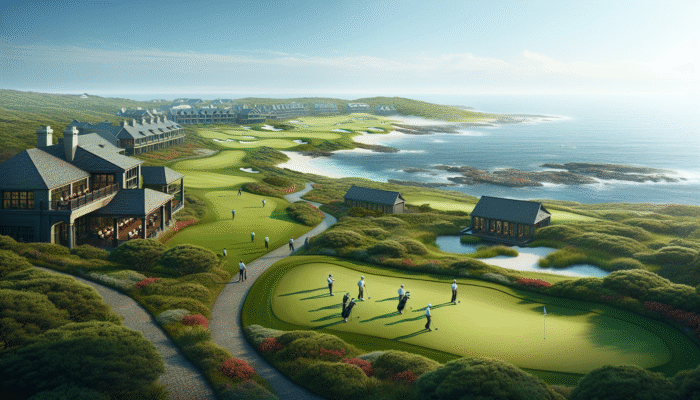 Aerial view of golfers on lush green course at Port Edward Country Club with coastal backdrop.