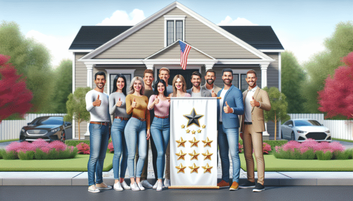 Satisfied homeowners showcasing their admiration in front of their home, displaying a banner with top-rated home service logo and reviews.