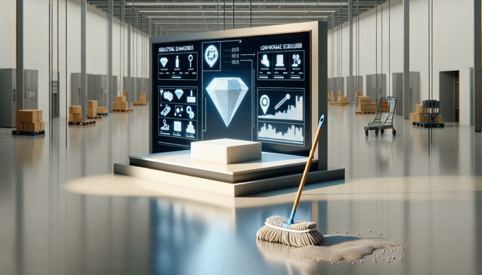 Advanced industrial diamond tools and low-moisture scrubbers carefully treating stone, achieving a lasting shine, in contrast to a standard mop.
