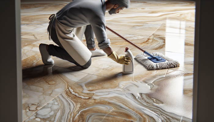 Person mopping glossy travertine floor with damp microfiber mop and pH-neutral cleaner, focusing on stains.