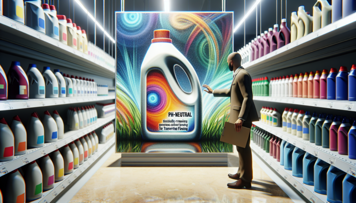 Person selecting pH-neutral cleaner for travertine floors in a store, focusing on bottle label.