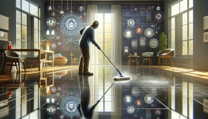 A person using a spray mop on a glossy stone floor, ensuring a safe environment for children and elderly.
