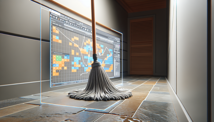 A high-quality microfiber mop head efficiently cleaning a stone floor, reaching into corners and capturing dirt.