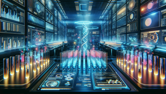 A futuristic laboratory with illuminated test tubes and digital displays showing protein absorption data.