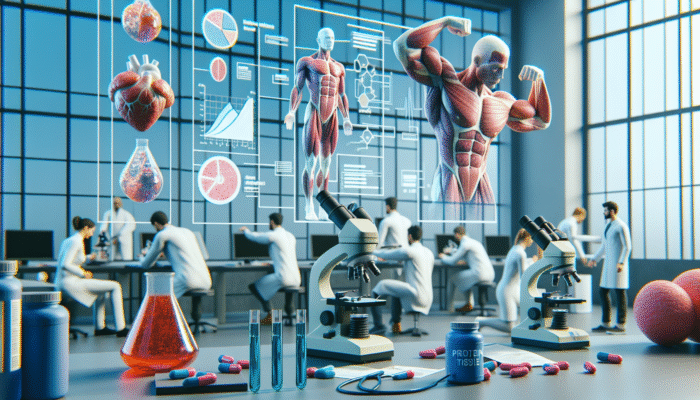 Researchers examining muscle tissue samples under microscopes, accompanied by charts and protein supplements.