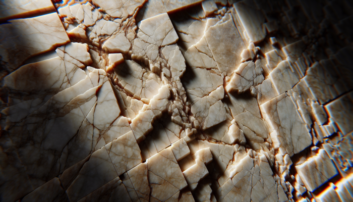 Close-up of travertine tiles revealing cracks, chips, and fissures under bright light.