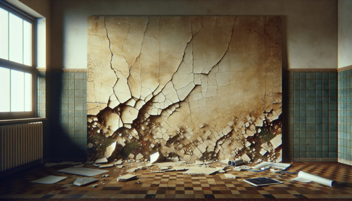 Cracked travertine tiles displaying substrate damage and loose sections, indicating foundational issues.