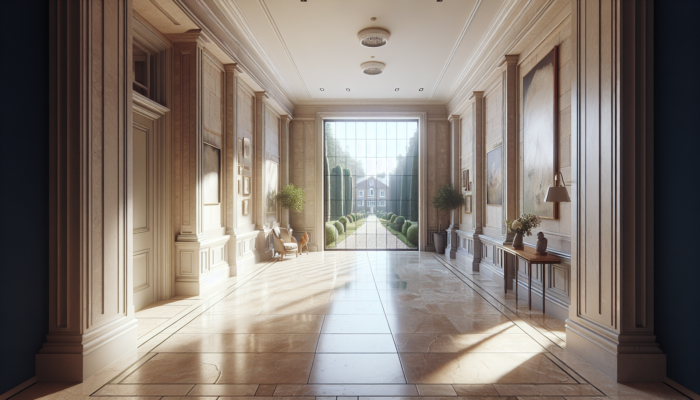 Sturdy travertine tiles in a luxurious UK home hallway, showcasing natural stone texture and enduring beauty.