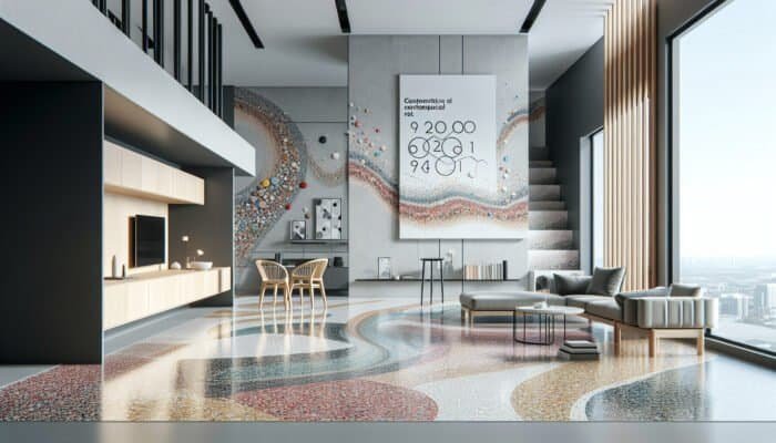 In-depth Guide to Terrazzo Floor Restoration in West Lothian Homes: Showcasing vibrant, swirling terrazzo flooring in a sleek, modern apartment.
