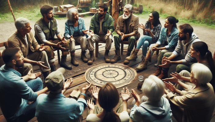 A diverse group of preppers in a circle using empathetic communication and non-verbal cues to resolve conflicts in a rustic setting.