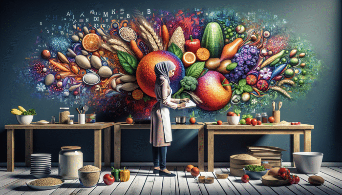 A nutritionist meticulously planning colourful high-fibre meals with whole grains, fruits, and vegetables.