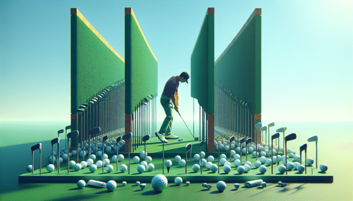 Golfer practicing swing path on green course using gates made from towels and clubs under clear blue sky.