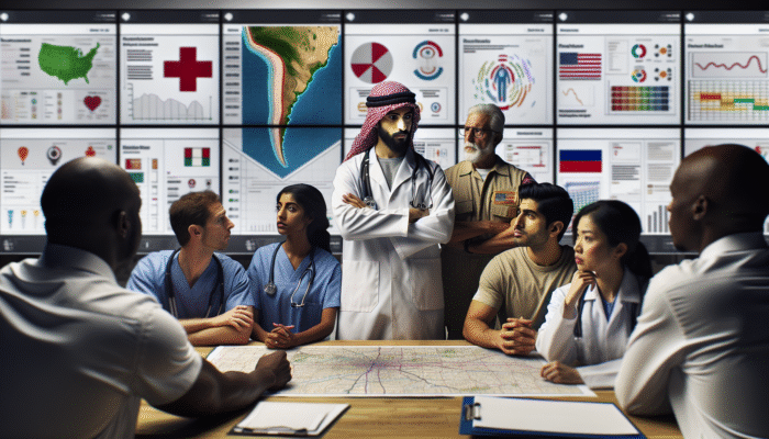 Diverse Emergency Response Team planning tornado preparedness with maps and charts in community center.