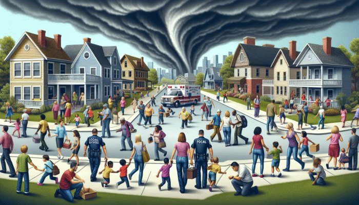 Community conducting tornado drills with residents, emergency services, schools, and centers under stormy sky.