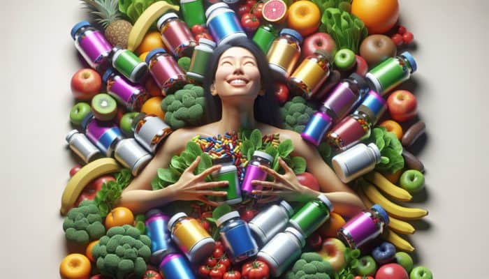 Individual surrounded by colourful supplement bottles, examining labels, smiling, with healthy fruits and vegetables in the background.