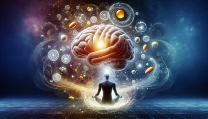 A luminous brain surrounded by Omega-3 and B vitamins, symbolising enhanced cognitive function and emotional stability.