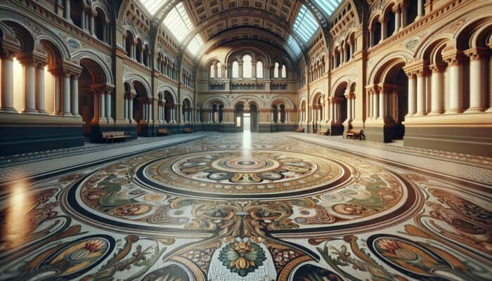 Intricate terrazzo floors in Victorian-era British architecture, visible in grand public edifices like the Natural History Museum and railway stations.