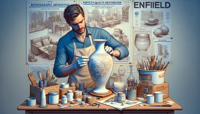 A skilled artisan in Enfield repairing a chipped porcelain vase with affordable tools, ensuring quality restoration.