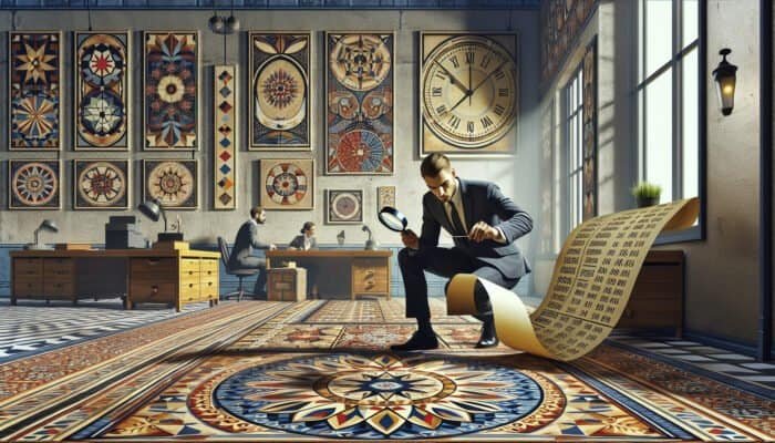 A person examining a contract with a magnifying glass, surrounded by intricate tiles and a clock, in an office with fee charts.