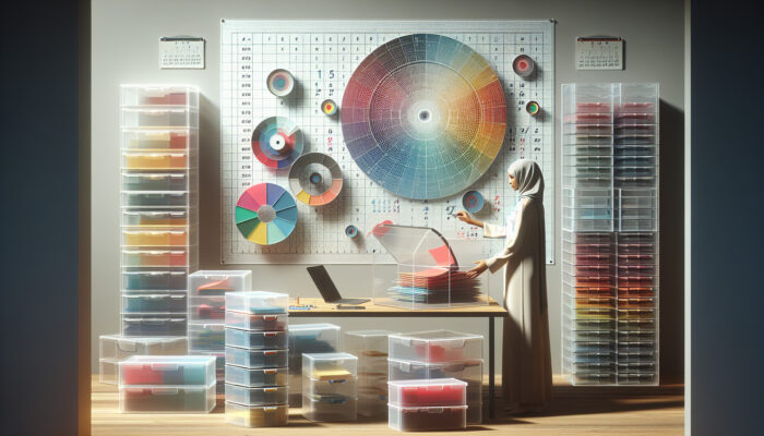 A person organizing colorful files at a minimalist workspace with labelled storage boxes and a detailed calendar.