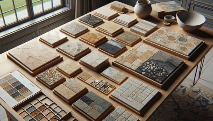 A selection of limestone flooring samples displayed on a wooden table, highlighting Cotswold, Yorkshire, and Jurassic varieties.