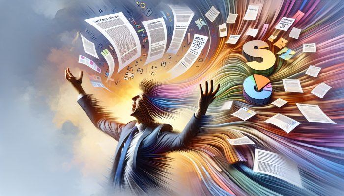 A person radiating relief and joy amidst symbols of debt consolidation: merged documents, reduced interest rates, and a pathway to financial freedom.