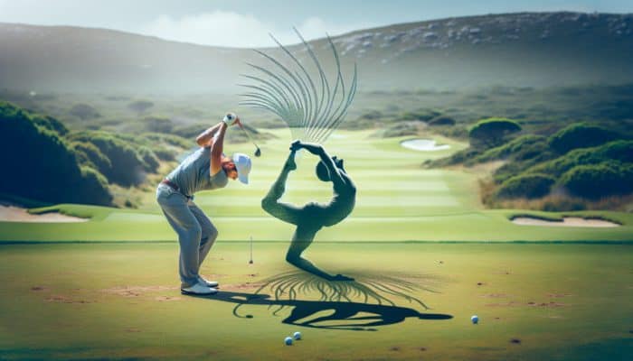 A South African golfer swinging on a sunny course, with yoga poses in the background enhancing flexibility and focus.