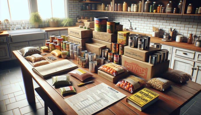 A prepper's table with organised non-perishable foods, checklist, and survival guidebook.