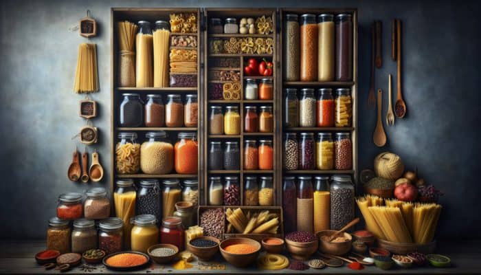 A diverse prepper pantry with Italian pasta, Indian lentils, Mexican beans, and Middle Eastern spices.