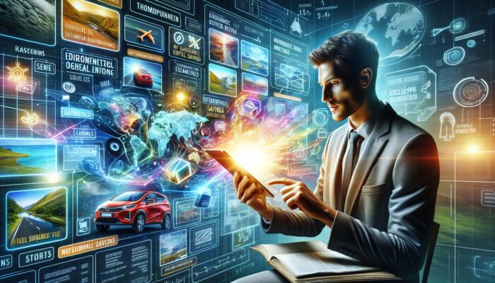 A traveller viewing car rental discounts on a digital screen, surrounded by travel brochures and a world map.