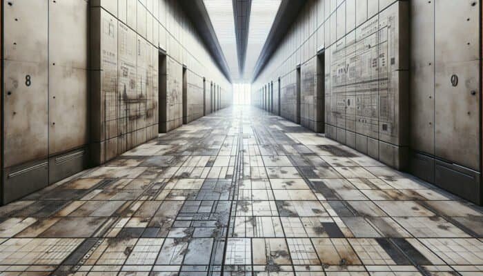 Cracked and chipped porcelain tiles in a hallway, showcasing stains and uneven surfaces due to wear and temperature fluctuations.