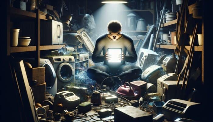 Individual in a workshop searching for repair services on a tablet, surrounded by broken appliances.