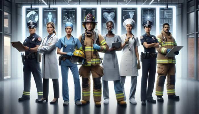 A diverse team of professionals in uniforms showcasing service symbols in a contemporary office, indicating expertise and professionalism.