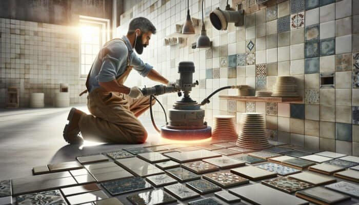 Professionals polishing ceramic tiles in a well-lit environment, showcasing aesthetic appeal with advanced equipment.