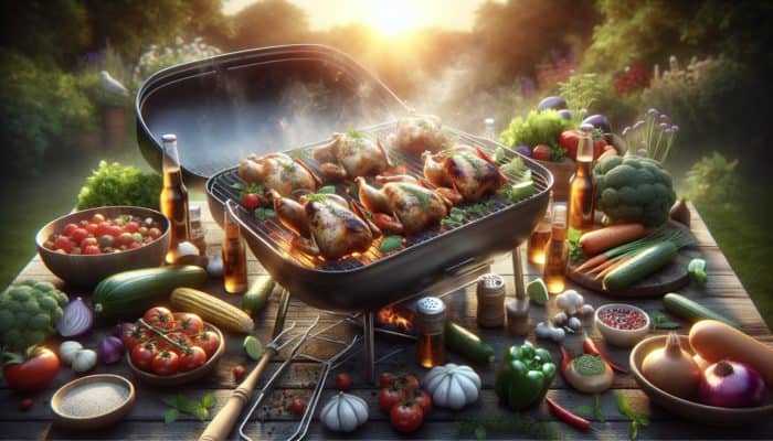 Organic and free-range chickens grilling with herbs and vegetables, highlighting ethical and flavourful eating.