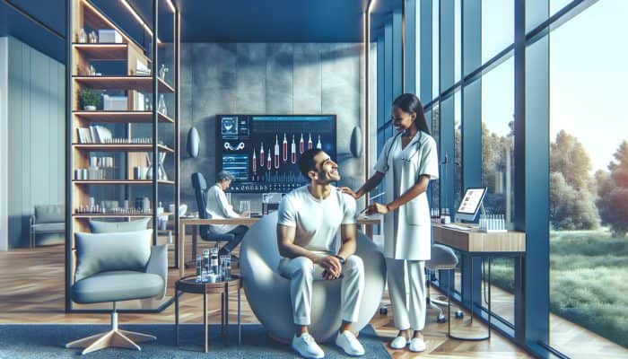 A serene private clinic in Weybridge with modern decor, providing personalized diabetes blood testing in a comfortable, confidential setting.