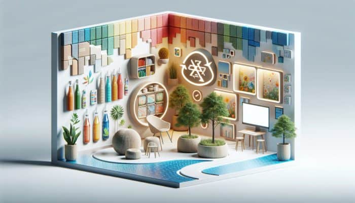 Eco-friendly packaging with biodegradable materials and nature-inspired patterns in a sustainable living setting.