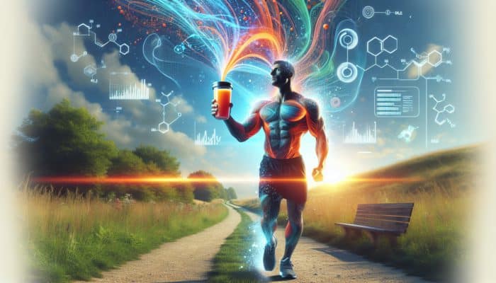Trending Pre-Workouts: A person entering the gym with a visible trail, holding a pre-workout drink, while caffeine molecules swirl around, enhancing energy and alertness.