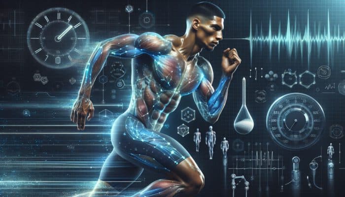 Athlete sprinting with glowing blue muscle fibres, symbolising beta-alanine's endurance enhancement, against a stopwatch and weights.
