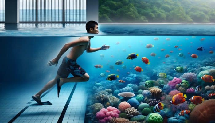 A person swimming in a pool, then snorkeling at the Great Barrier Reef, emphasising safety through self-awareness.