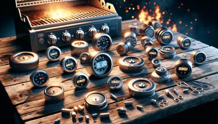 A variety of grill timers on a wooden table: mechanical with dials, digital with countdown features, and magnetic backs, placed next to a lit barbecue grill.